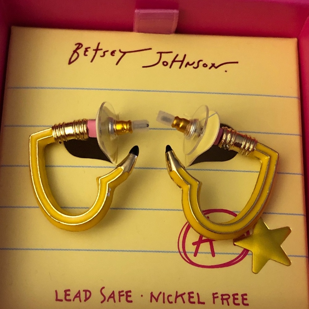 Betsey Johnson Back To School Yellow Heart Shaped Pencil Hoop Earrings NIB